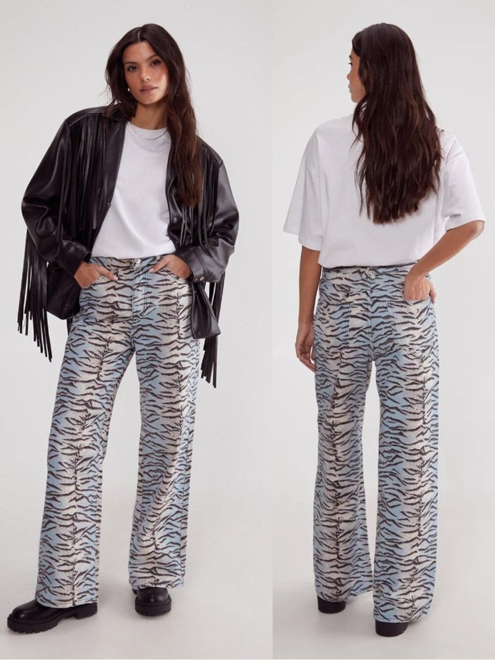 NWT New $205 Nasty Gal Tiger Print Denim Wide Leg Jeans Size 6